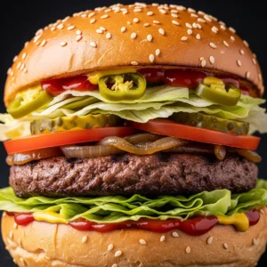 Sun Burger with caramelized onion & spicy pepper