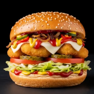 Sun Crispy Cheeseburger with caramelized onion & spicy pepper