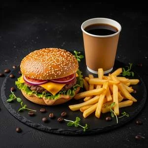 Cheeseburger, cartof pai, cafea