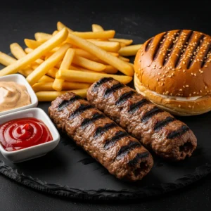 2 Mici de porc-vita cu cartof pai + chifla grill + 2 sosuri