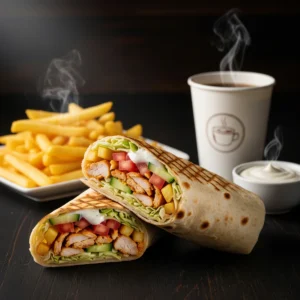 Kebab de pui, cartof pai, cafea