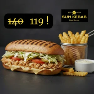 Panini cu pui și cașcaval + cartof pai + sos