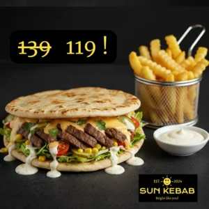 Pita de vita-porc cu cașcaval + cartof pai + sos