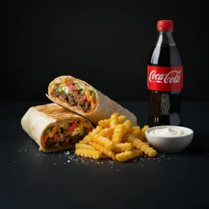 Kebab de porc-vita, cartof pai, Coca Cola 0,5