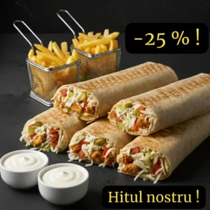 5 kebaburi de pui = reducere + 2 cartofi pai + 2 sosuri GRATIS !