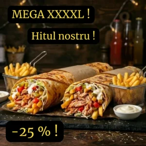 2 mega-kebaburi cîte 1 kg = 2 porții de cartof pai + 2 sosuri GRATIS !