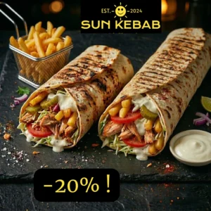 Kebab de pui mediu + kebab de pui mare + cartof pai + sos