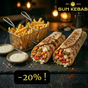 Kebab de pui mediu + kebab de pui mare + 2 cartof pai + 2 sosuri