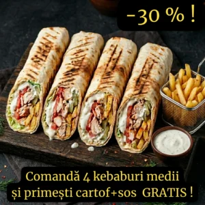 Comandă 4 kebaburi medii și primești cartof pai + sos GRATIS !