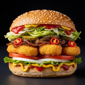 Sun Crispy Burger with caramelized onion & spicy pepper
